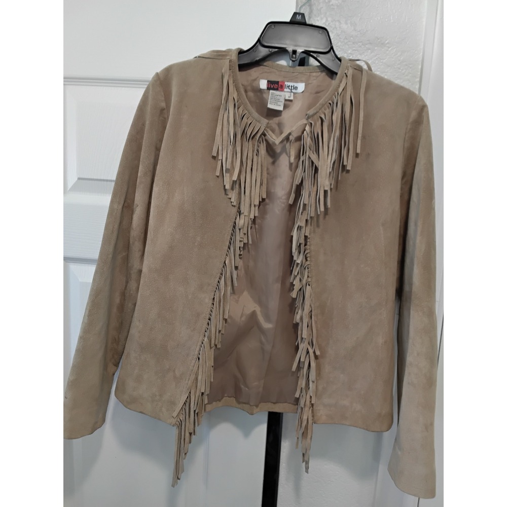 Vintage Live A Little Genuine Leather Fringe Jacket Boho Western Cowgirl Tan S"